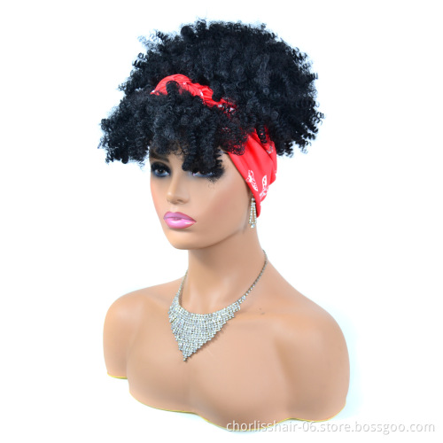 Wholesale Ombre Black With Bangs Kinky Curly Turban Wigs Short Heat Resistant Afro Synthetic Headband Attached Wigs For Women